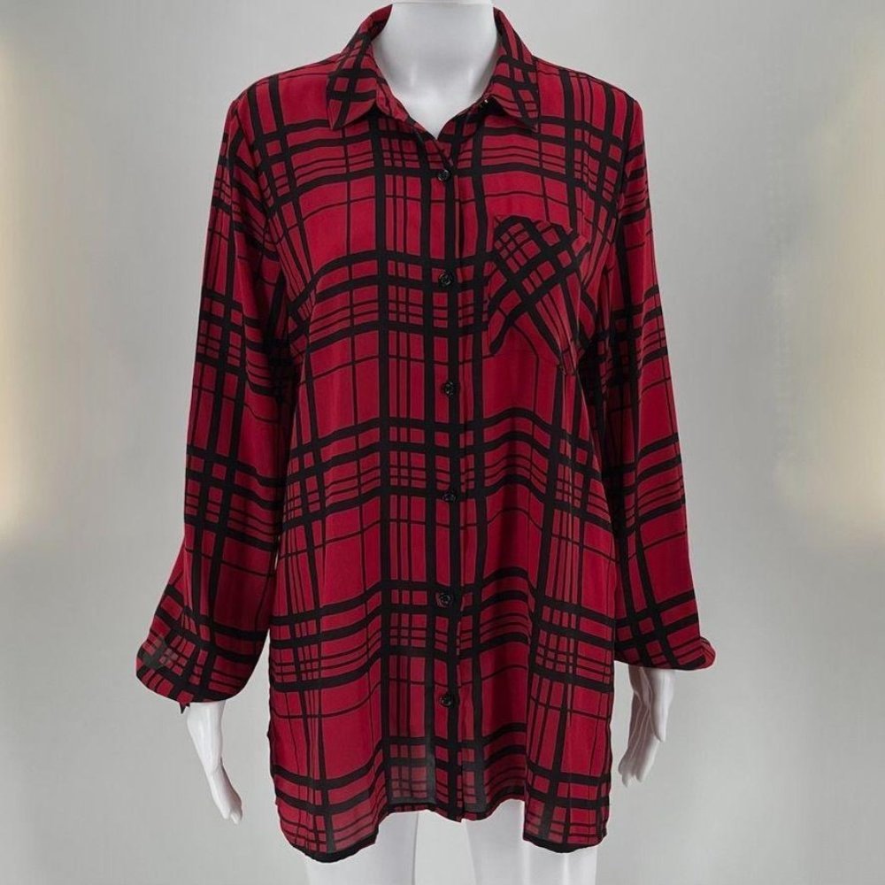Plaid Susan Graver Blouse Top Size 8 Red Button Up